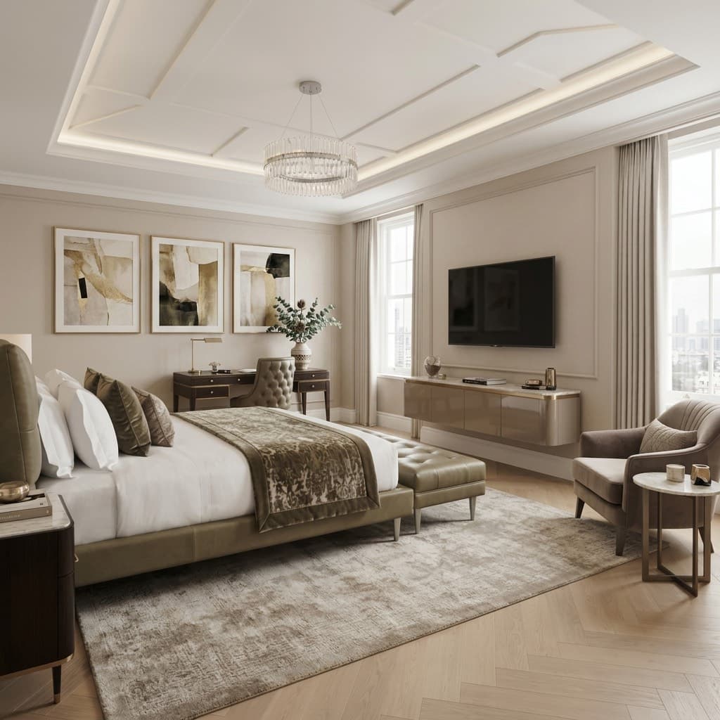 Luxury hotel guest room with custom furniture