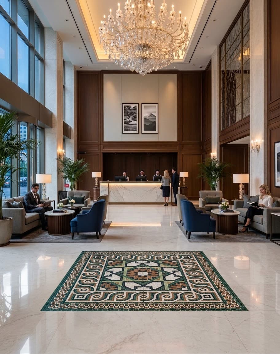 Luxury hotel lobby with chandelier and marble flooring